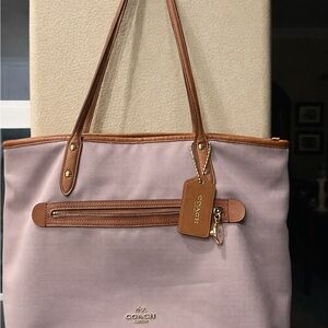 COACH Sawyer Tote in Tan Polyester Twill & Leather Trim F37237